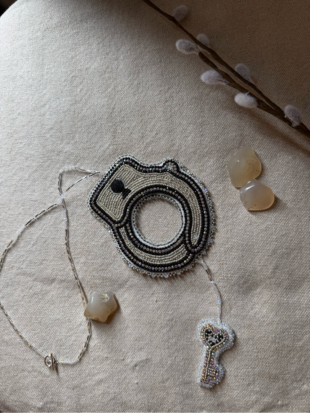 Beaded Black and Cream Keyhole Necklace with Key Pendant